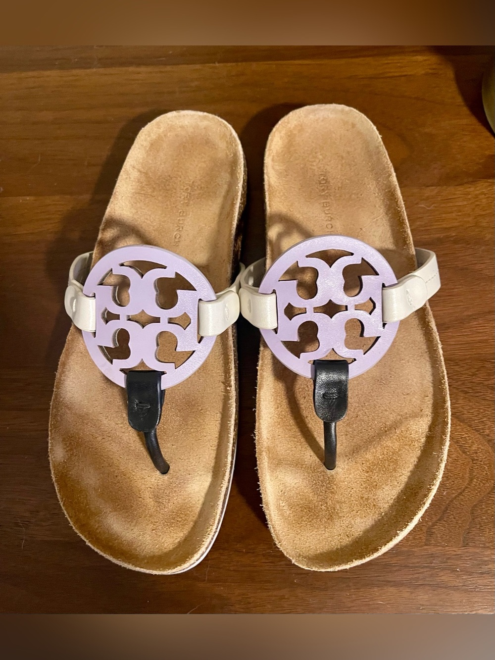 Tory Burch Miller Cloud Lavender White & Black Logo Sandals - Size 7